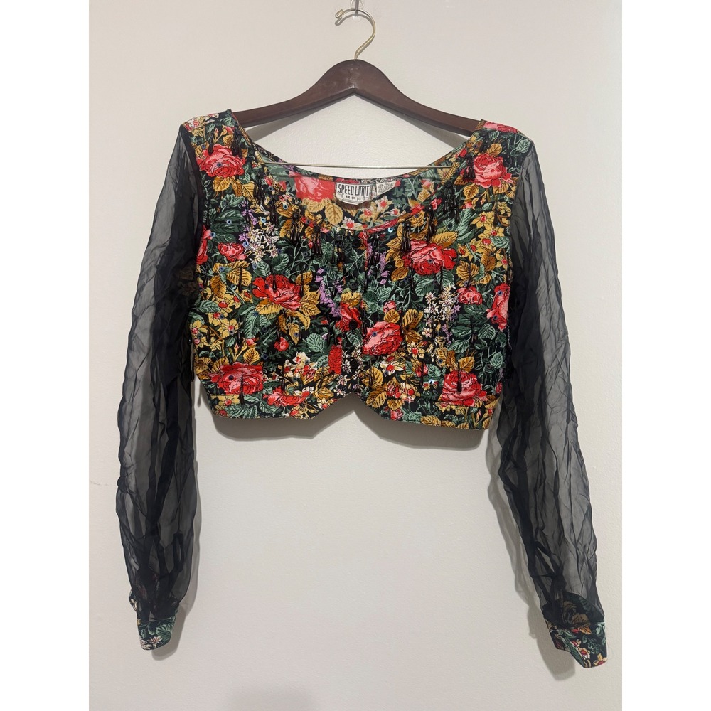 Speed Limit MPH Vintage Floral Beaded Crop Top Sheer Mesh Sleeves Womens Large